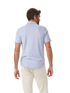 Model Wearing The Normal Brand Terry Towel Shirt in Sky Blue, rear  View