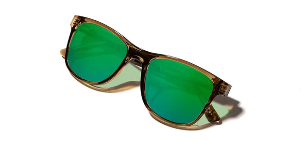 Camp Trail Sunglasses with Moss/Walnut frames and HD+ Green Flash Polarized lenses, front angled folded temple view