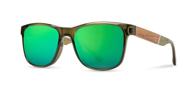 Camp Trail Sunglasses with Moss/Walnut frames and HD+ Green Flash Polarized lenses, front angled view