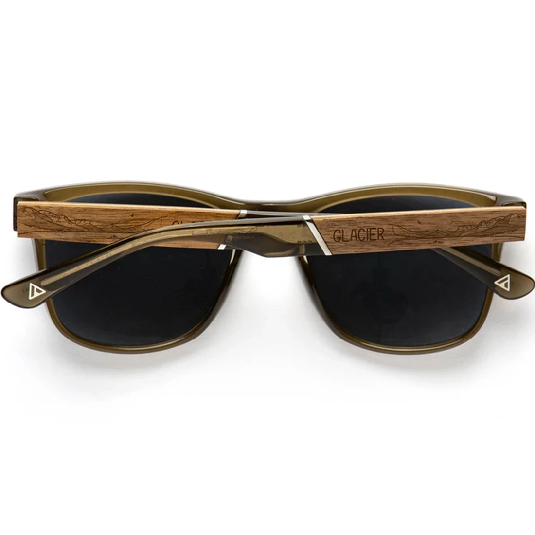 CAMP Trail Glacier sunglasses folded showing walnut wood engraving and Glacier branding – The Simple Man