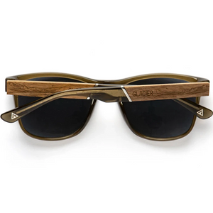 CAMP Trail Glacier sunglasses folded showing walnut wood engraving and Glacier branding – The Simple Man