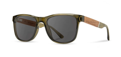 Camp Trail Sunglasses with Moss/Walnut frames and Grey Polarized lenses, front angled view