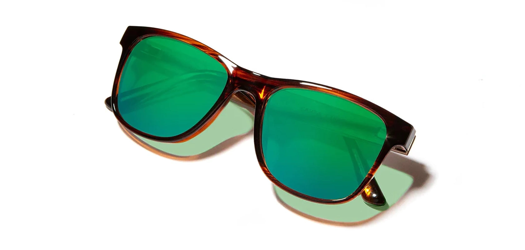 Camp trail Sunglasses with Tortoise/Walnut Frames and HD+ Green Flash Polarized lenses, front angled folded temple  view