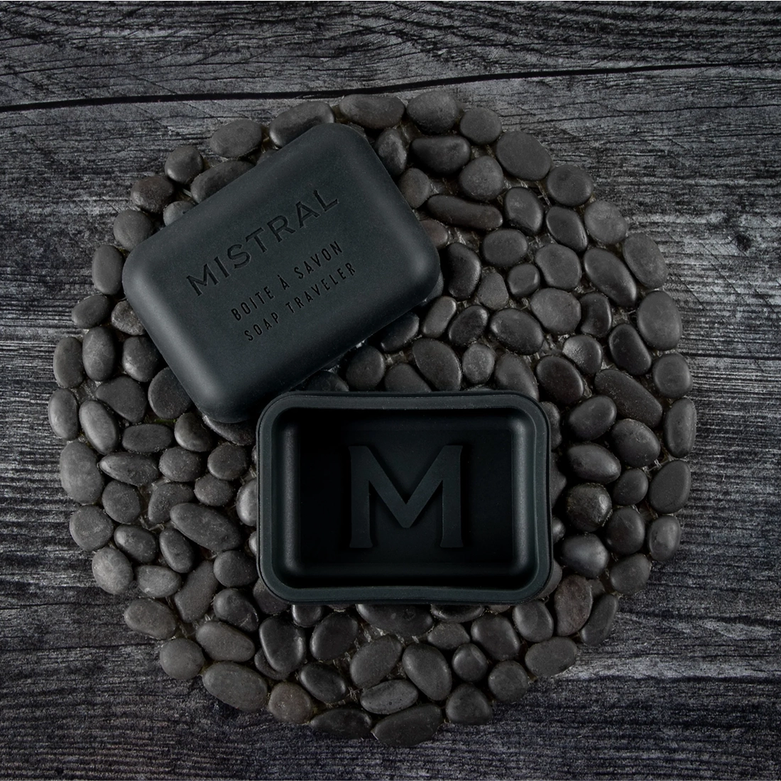 Mistral Travel Soap Case open showing interior sized to fit Mistral travel bar soap