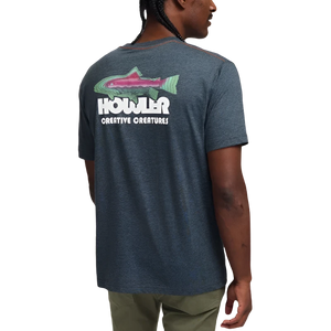model wearing Howler Brothers Trucha T-shirt in charcoal, fish design printed on the back.