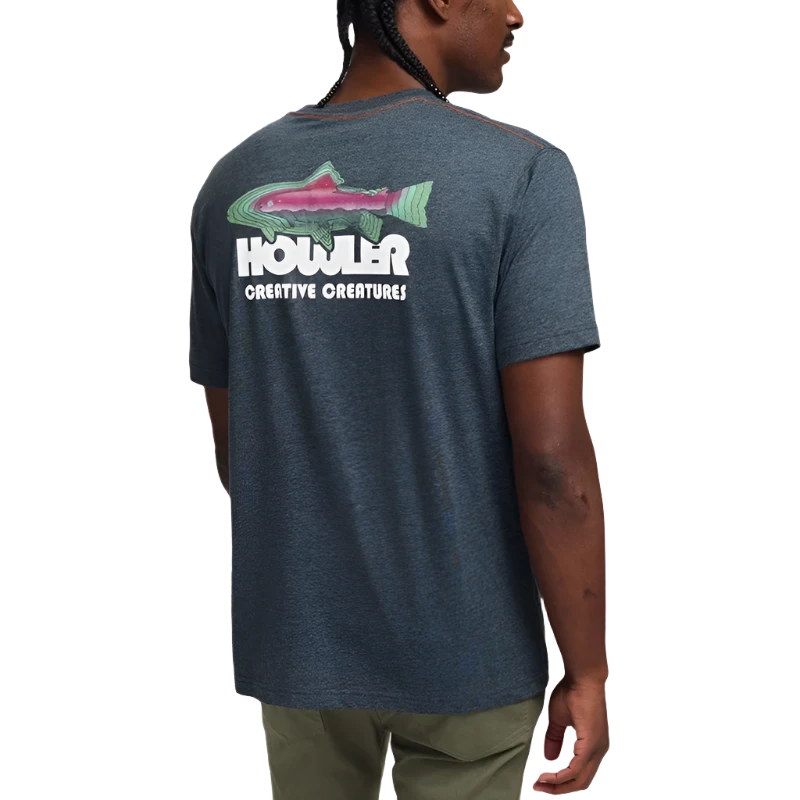 model wearing Howler Brothers Trucha T-shirt in charcoal, fish design printed on the back.