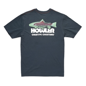 Howler Brothers Trucha T-shirt in charcoal, design printed on the back.