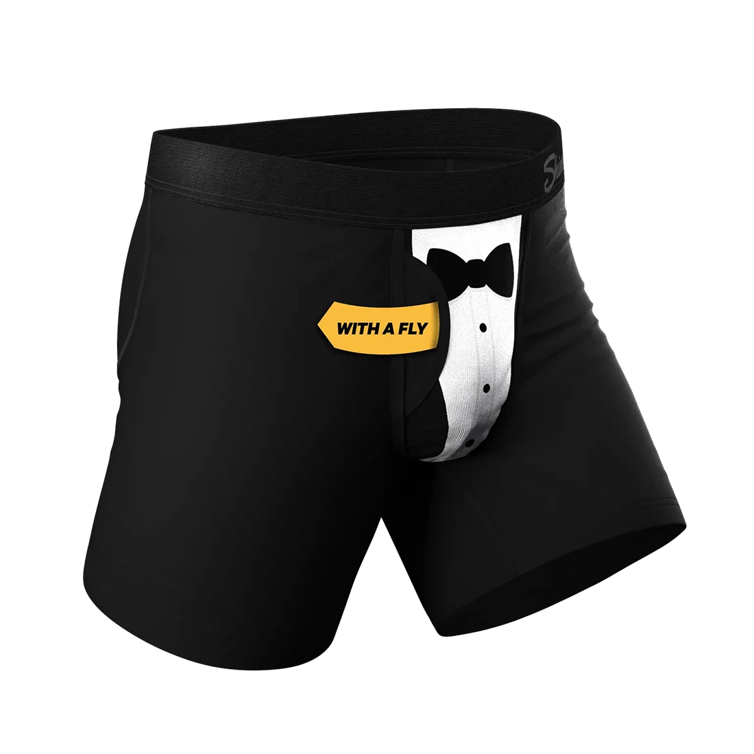 Men’s black tuxedo print Ball Hammock® pouch underwear with fly front view