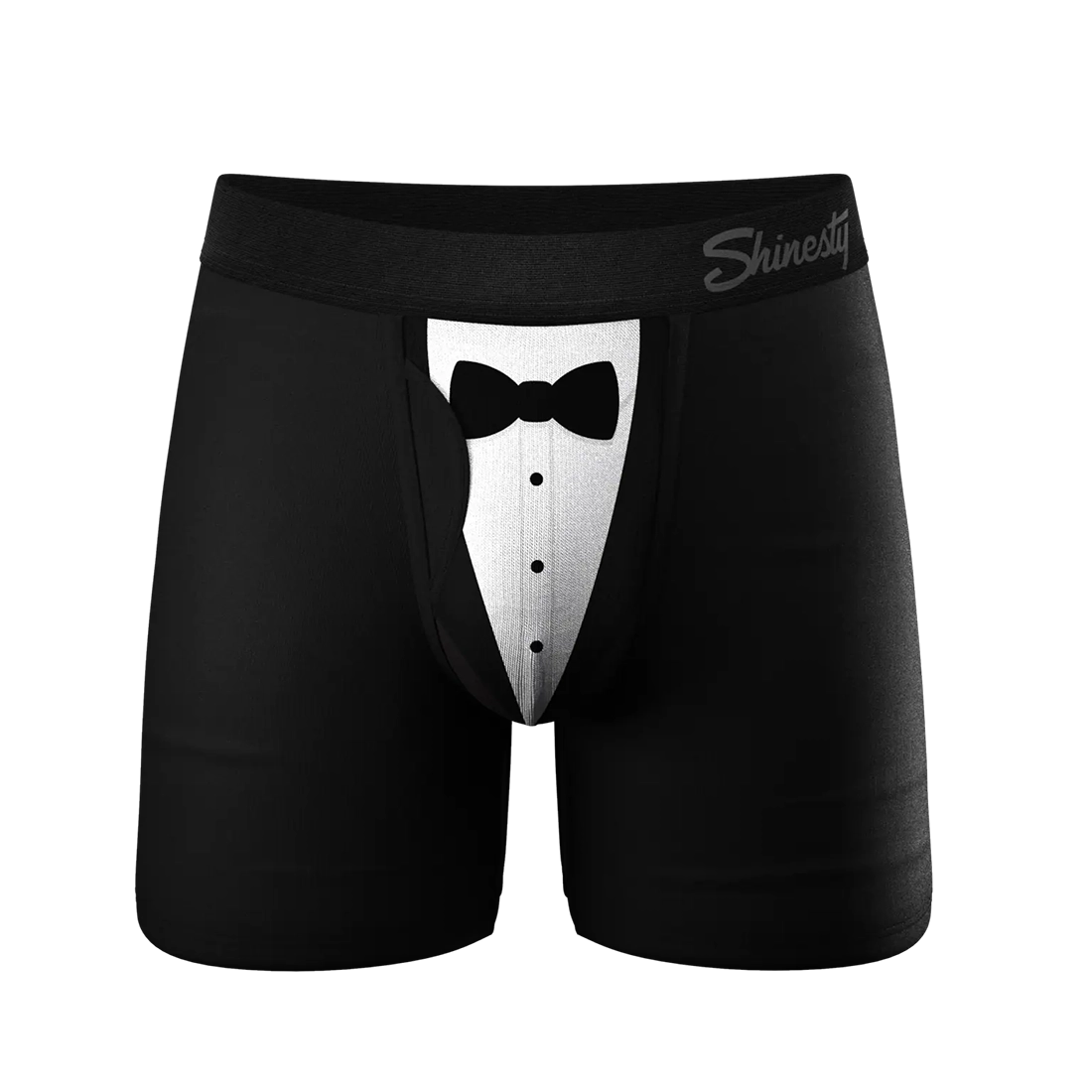 Black men’s pouch underwear with tuxedo design and fly opening