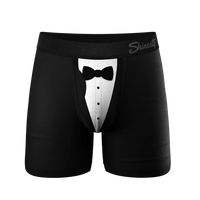 Black men’s pouch underwear with tuxedo design and fly opening