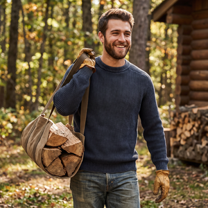 Man wearing Undertow Washed Crewneck Sweater in Navy carrying firewood bag outdoors near log cabin - The Simple Man