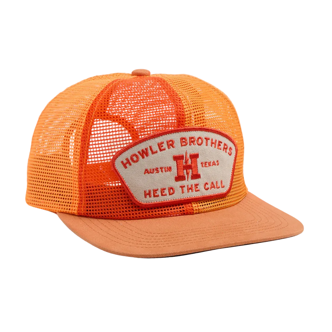 Howler Brothers Feedstore Snapback Multi Orange – front view of men's unstructured mesh trucker hat with Howler Brothers Heed the Call woven patch