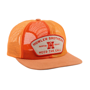 Howler Brothers Feedstore Snapback Multi Orange – front view of men's unstructured mesh trucker hat with Howler Brothers Heed the Call woven patch