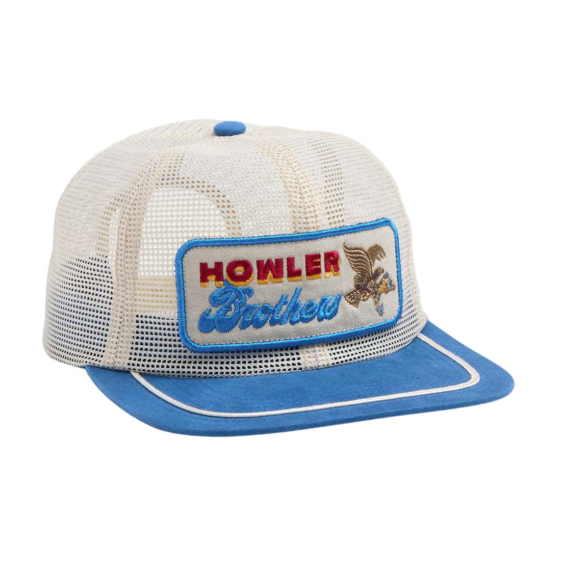 Howler Brothers Osprey Prey Feedstore Snapback Stone Blue – front view of men's unstructured mesh trucker hat with multicolor embroidered patch and suede-feel blue bill
