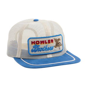 Howler Brothers Osprey Prey Feedstore Snapback Stone Blue – front view of men's unstructured mesh trucker hat with multicolor embroidered patch and suede-feel blue bill
