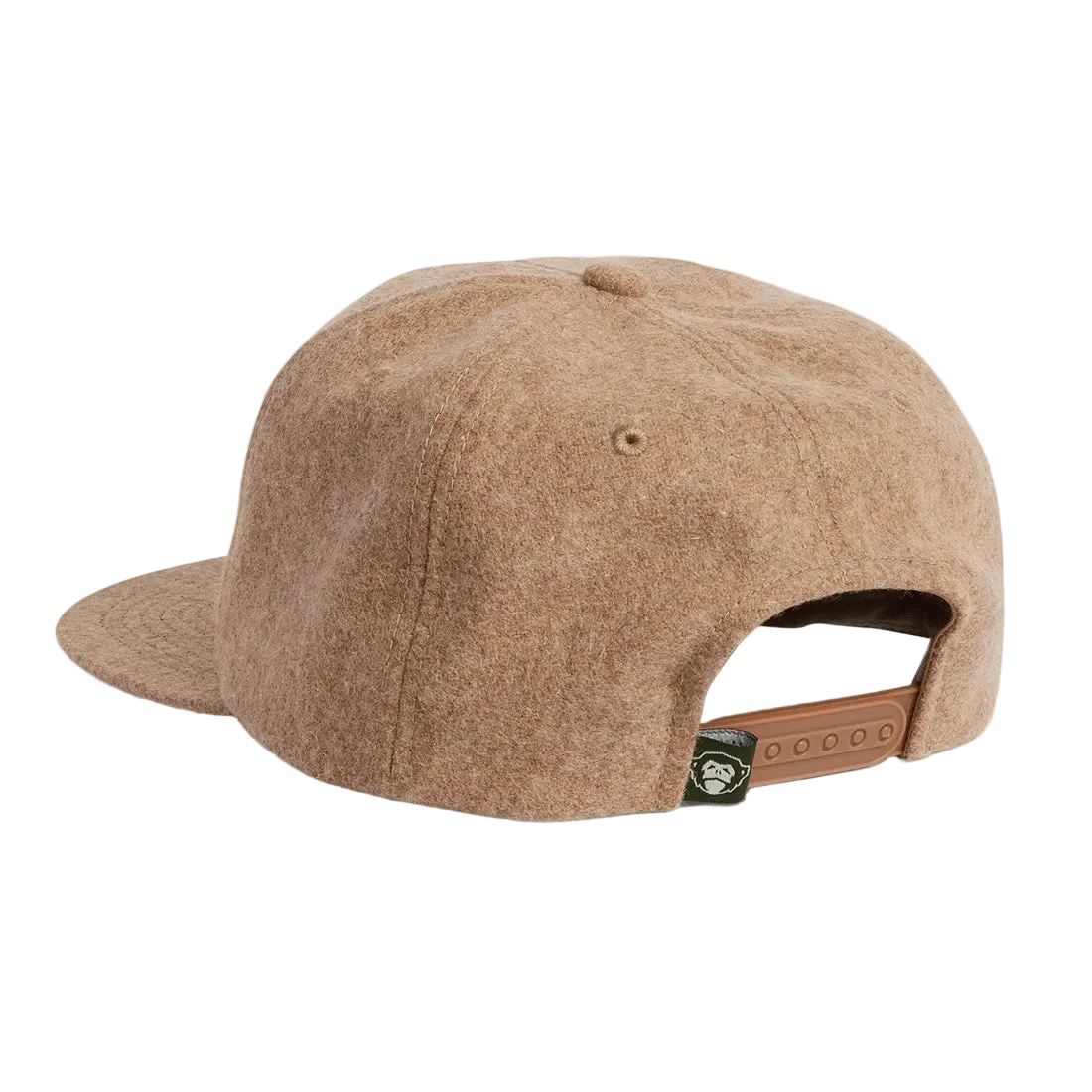 Back view of the Big HB Unstructured Snapback Hat in Cowhide, tan heather wool cap showing adjustable leather strap and monkey patch -- The Simple Man
