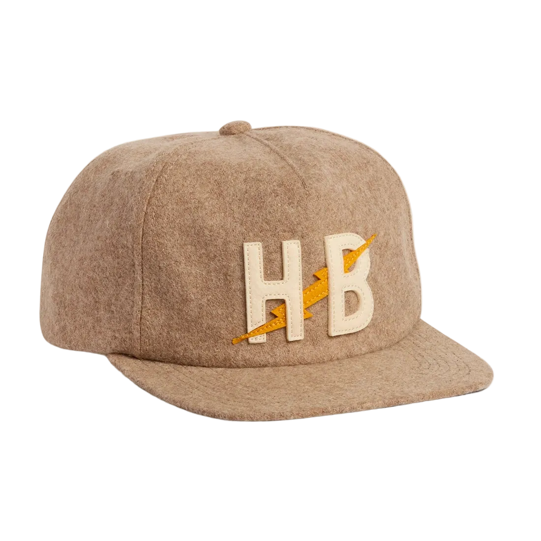 Big HB Unstructured Snapback Hat in Cowhide, tan heather wool cap with cream and yellow HB lightning bolt leather patch, three-quarter view -- The Simple Man