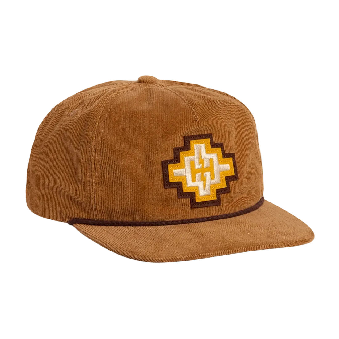 H Bolt Motif Unstructured Snapback Hat in Tan Corduroy, tan corduroy cap with cream and yellow H Bolt diamond patch and brown rope trim, front view -- The Simple Man
