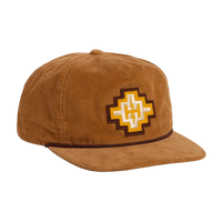 H Bolt Motif Unstructured Snapback Hat in Tan Corduroy, tan corduroy cap with cream and yellow H Bolt diamond patch and brown rope trim, front view -- The Simple Man