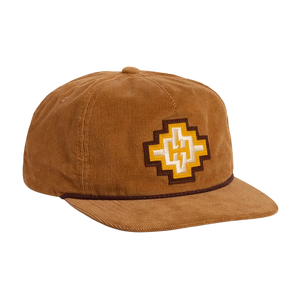 H Bolt Motif Unstructured Snapback Hat in Tan Corduroy, tan corduroy cap with cream and yellow H Bolt diamond patch and brown rope trim, front view -- The Simple Man