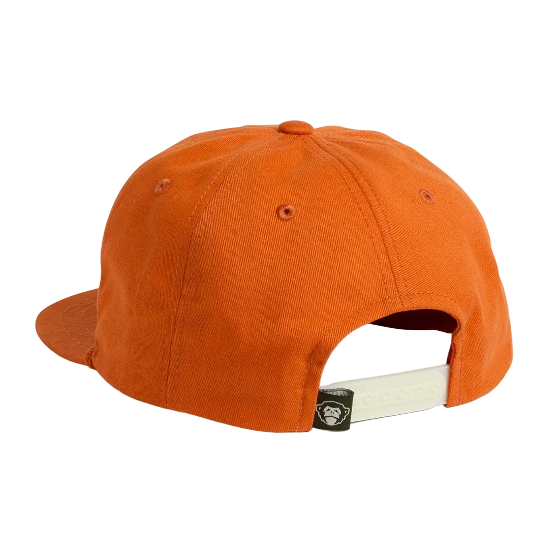 Back view of the Silver King Unstructured Snapback Hat in Toasted Orange, showing adjustable strap and monkey patch -- The Simple Man