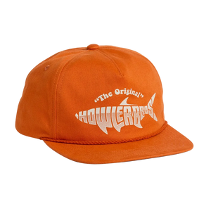 Silver King Unstructured Snapback Hat in Toasted Orange, orange cap with tarpon-shaped Howler Bros wordmark graphic, front view -- The Simple Man