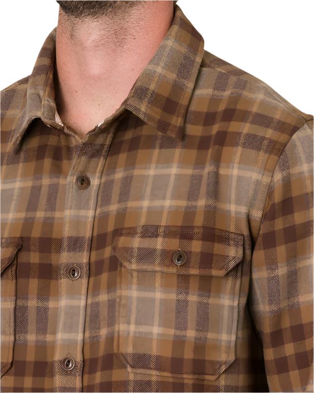 Model WearAce Rivington Utility Flannel shirt in desert Bak color, front close up view
