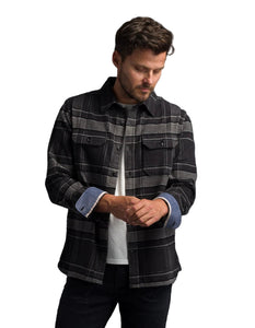 Man wearing Winter Flannel Utility Shirt in Stone Window plaid from The Simple Man, front view.
