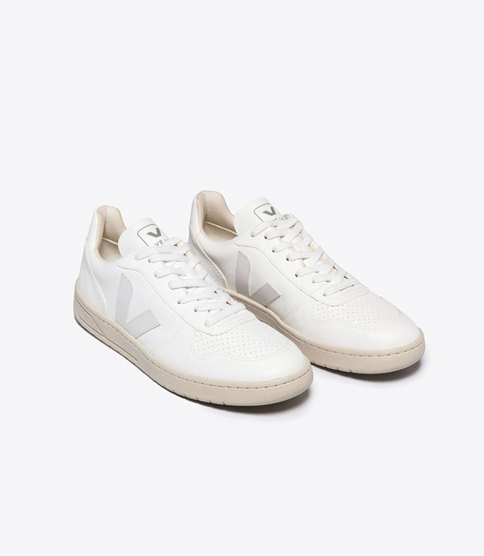 Veja V-10 CWL Vegan Leather Sneaker in all white, Angled front view