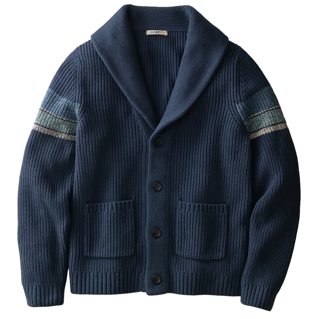 Navy ribbed shawl collar cardigan with blue, green and gray sleeve stripes, two patch pockets and four buttons, flat lay