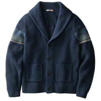 Navy ribbed shawl collar cardigan with blue, green and gray sleeve stripes, two patch pockets and four buttons, flat lay