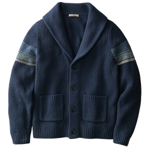 Navy ribbed shawl collar cardigan with blue, green and gray sleeve stripes, two patch pockets and four buttons, flat lay
