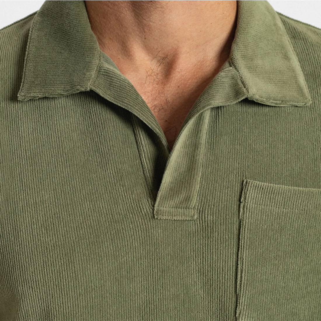 Velour Monty Polo collar and chest pocket detail – cotton velour terry texture close-up – The Simple Man