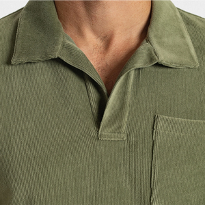 Velour Monty Polo collar and chest pocket detail – cotton velour terry texture close-up – The Simple Man