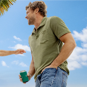 Velour Monty Polo Palm Tree Green lifestyle at waterfront – men's velour resort polo shirt – The Simple Man