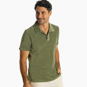 Velour Monty Polo Palm Tree Green three-quarter view – men's cotton terry open collar polo – The Simple Man
