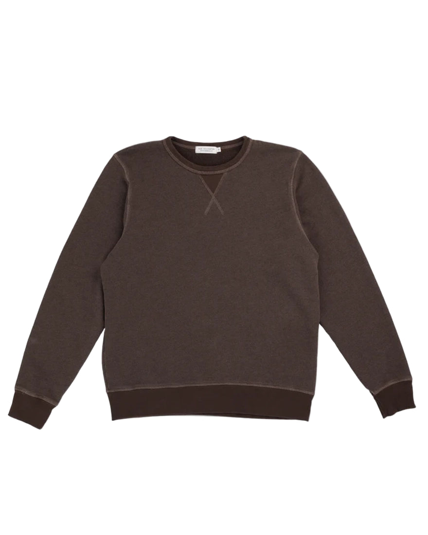 Vintage chocolate brown triblend crewneck sweatshirt by The Simple Man – classic men’s crewneck with V-notch detail, terry fabric, laid flat on white background”