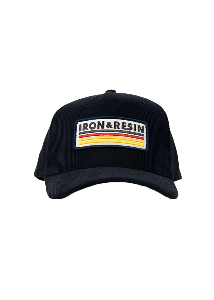 Front of black vintage corduroy hat with Iron & Resin embroidered patch logo