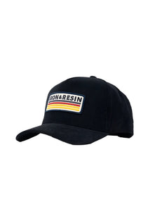 Side angle of vintage black corduroy snapback hat with retro Iron & Resin patch