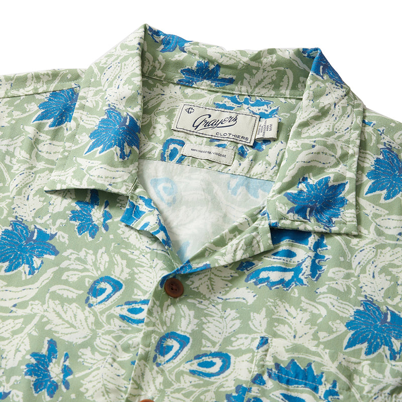 Model wearing Grayers Vintage Hawaiian Camp Shirt in Batik Print close up flat lay view