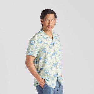 Model Wearing Grayers Vintage Hawaiian Camp Shirt in Batik Print front view