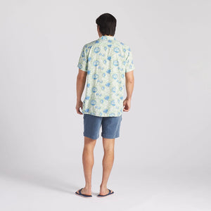 Model Wearing Grayers Vintage Hawaiian Camp Shirt in Batik Print rear view