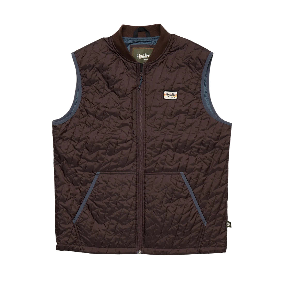 Voltage Quilted Vest flat lay front view in Bark showing zip front, pockets, and quilted design