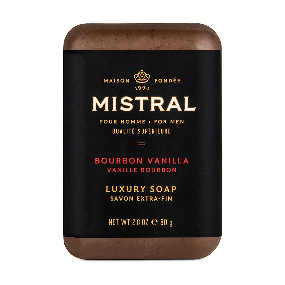 Mistral Bourbon Vanilla men’s travel soap bar, 2.8 oz, warm vanilla with bourbon and tobacco notes