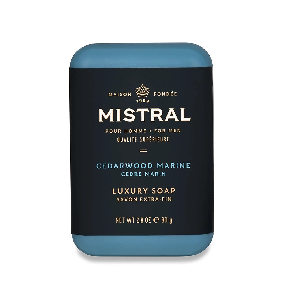 Mistral Cedarwood Marine men’s travel soap bar, 2.8 oz, fresh coastal scent with cedarwood and pine