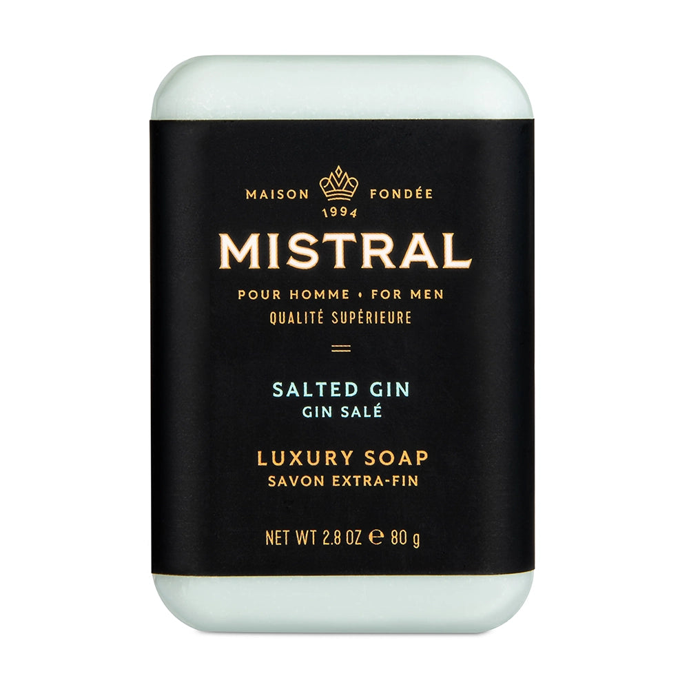 Mistral Salted Gin men’s travel soap bar, 2.8 oz, with grapefruit, juniper, and botanical scent