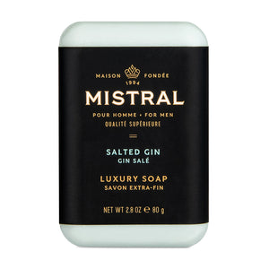 Mistral Salted Gin men’s travel soap bar, 2.8 oz, with grapefruit, juniper, and botanical scent