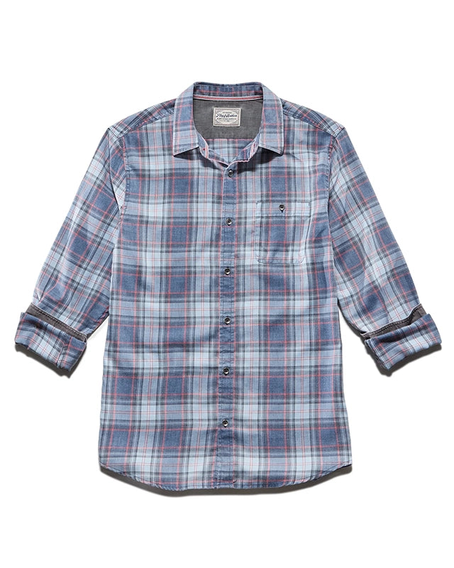 Flag & Anthem Westley Long Sleeve shirt, in Navy/Light blue/coral plaid, Flat lay view
