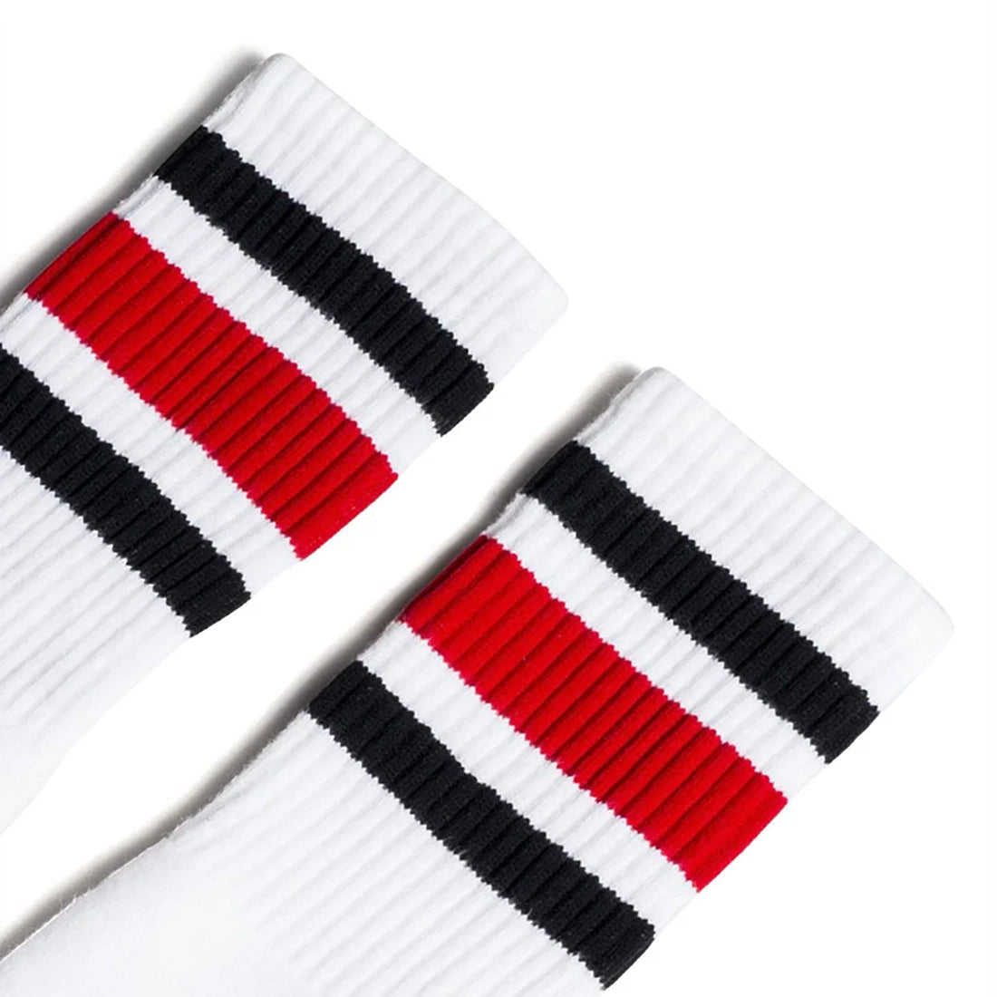 Close up of black and red striped crew socks with cushioned ribbed knit and white body, made in USA