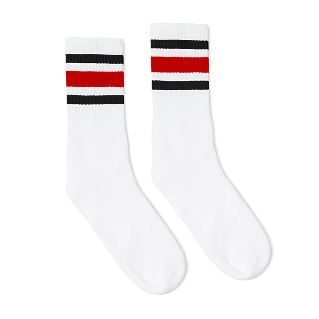 White crew socks with black and red stripes, cushioned athletic socks for men, USA made